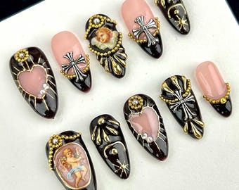 Religious Angel Dark Red Design Press On Nails，Gold vintage style nails,Crow heart goth nails,3D Nails,Luxury Style Nails