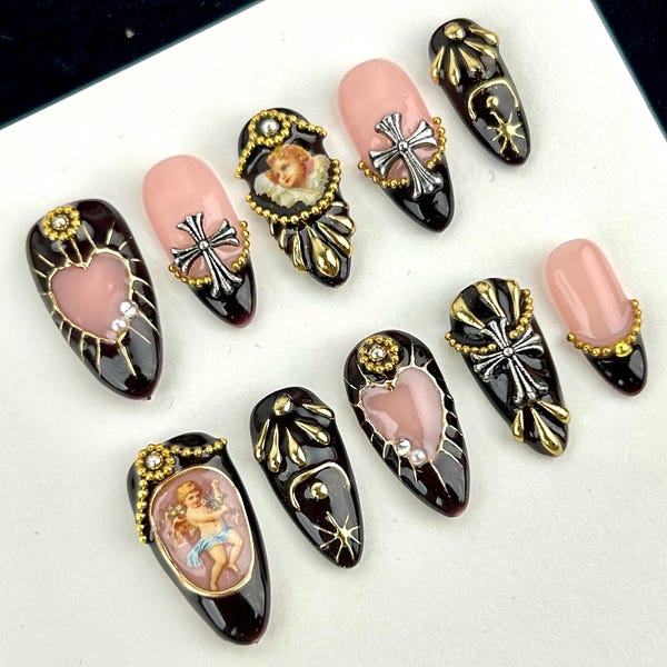 Religious Angel Dark Red Design Press On Nails，Gold vintage style nails,Crow heart goth nails,3D Nails,Luxury Style Nails