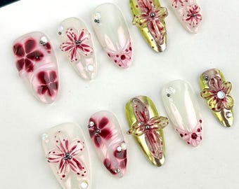 Purple Red Ombre Press on Nails/Gradient Flower Nails/Aurora Glazed Nails/3D Flower Nails/Unique Nails/Almond Nails/Mother's Day Gift