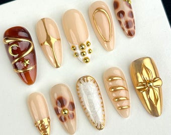 Gold 3D Chrome nails,White French Gold Press on nails long almond nails,Daily Nails,Wedding Nails,Minimalist nails,brown marble nails