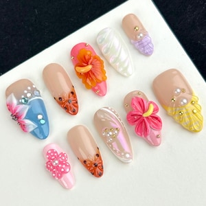 Colorful mismatched nails,glossy floral nails,3D flower nails,French Almond nails,shell element nails, polka dot nails,wedding nails gift