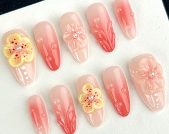 Uñas postizas 3D con diseño floral rosa, uñas postizas de lujo, uñas de gelatina, uñas Y2K, uñas postizas con flores, uñas Ins, uñas bonitas, uñas premium
