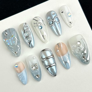 Luxurious Blue Metallic Silver Nail Art,Polarized Nails,Sweet And Cool Nails,3D Hand painted Gel Nails Design,Y2K Trending Press On Nails