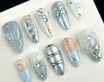Luxurious Blue Metallic Silver Nail Art,Polarized Nails,Sweet And Cool Nails,3D Hand painted Gel Nails Design,Y2K Trending Press On Nails