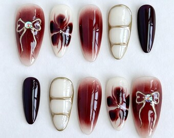 Autumn Smudged Nails,Reddish Brown Nails,Tortoise Shell Print Nails,Bow Pattern Nails,Hand Painted Press On Nails,Gentle And Elegant Nails
