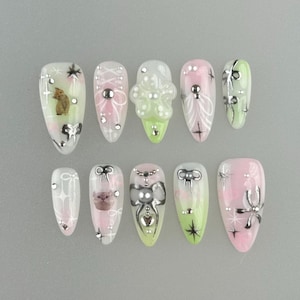 Crazy Cat Kawaii cute kitten flower Y2K Bow press-on nails, Custom hand-painted nails, Coffin nails, False Nails, Stick-on nails