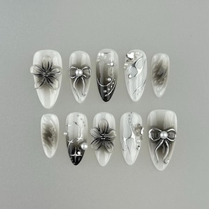 Y2K Silver 3D Chrome Nails/Black Ombre Gothic Press on nails almond nails/Birthday Nails/Bow Nails/Gothic nails/Holiday Nails