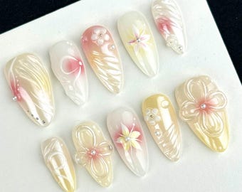 Spring Sakura Press on Nails/Pink Yellow Ombre Nails/Pearlescent Nails/White Elegant Nails/Flower Bow Nails/Almond Nails