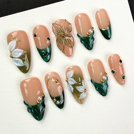Vintage Green Nails/3D White Flower Nails/Dark Green Relief French Nails/Green Rhinestone Nails/Pearl Gold Bead Nails/Metal Outline Nails