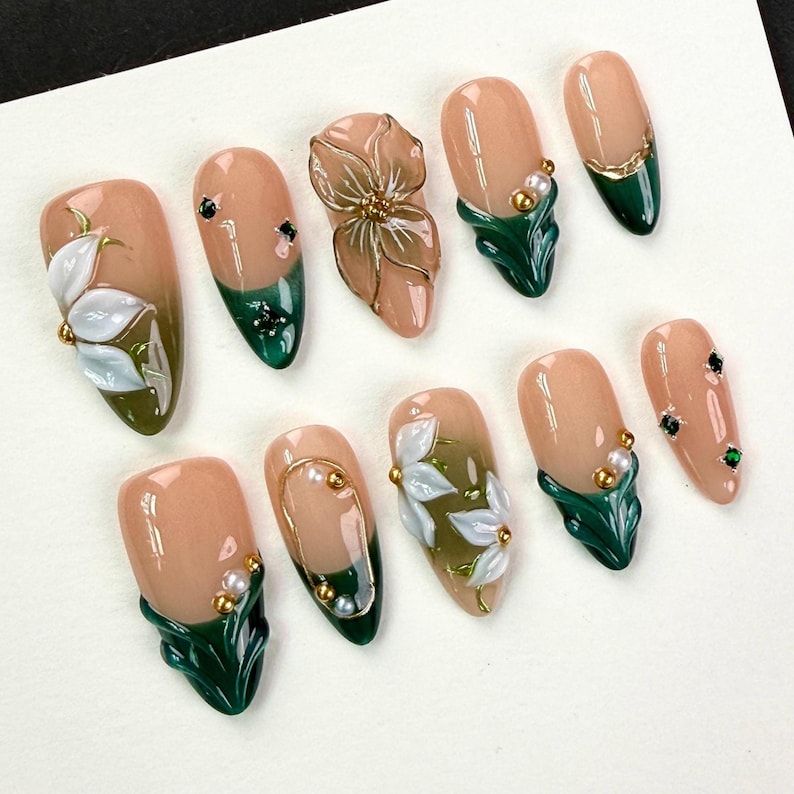 Vintage Green Nails/3D White Flower Nails/Dark Green Relief French Nails/Green Rhinestone Nails/Pearl Gold Bead Nails/Metal Outline Nails image 1