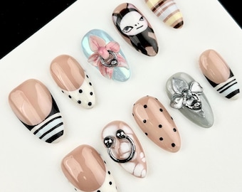 Morandi French Press on Nails/Polka Dot Stripe Nails/Evil Doll Nails/Cool Girl Nails/Hot Girl Nails/3D Carving Nails