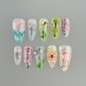 Wedding nails ,Flower Nails hand painted nail,custom press on nails,3D Nails,Garden Nails,Acrylic Nails,Fake nails,Nail Art,Floral Nails
