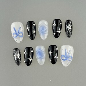 Black Shiny Star Nails, Blue Bow Gradient Nails, 3D Hand-painted Bow Love Nails, Silver Metal Star Nails, Sweet Wedding Nails, Y2K Nails Set