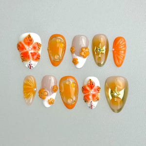 Orange Soda Sunshine Flower Nails, Summer Sunshine Beach Nails, Handmade Summer Beach Nails, Orange Nails, Holiday Nail Set, Short Nails