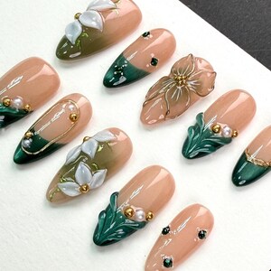 Vintage Green Nails/3D White Flower Nails/Dark Green Relief French Nails/Green Rhinestone Nails/Pearl Gold Bead Nails/Metal Outline Nails image 5