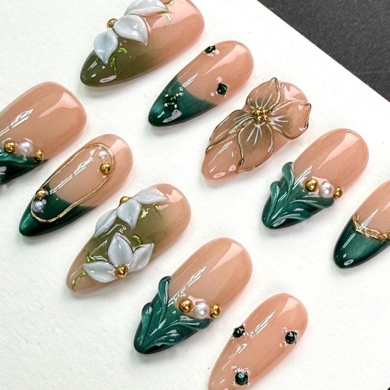 Vintage Green Nails/3D White Flower Nails/Dark Green Relief French Nails/Green Rhinestone Nails/Pearl Gold Bead Nails/Metal Outline Nails image 5