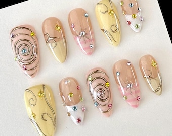 Y2K kleurrijke pers op nagels/Geel roze schattige nagels/Lieve nagels/Franse nagels/Veelkleurige nagels/Stipnagels/Zomerfeest vakantienagels