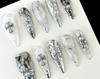 Mystical White Press On Nails,Silver Enigmatic Patterns, Artistic Nails with High Quality,Goth, Gothic,Y2K Inspired Nail Art