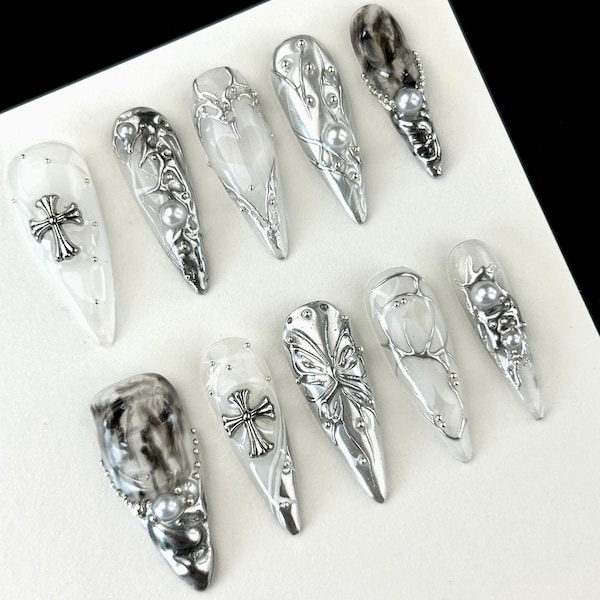 Mystical White Press On Nails,Silver Enigmatic Patterns, Artistic Nails with High Quality,Goth, Gothic,Y2K Inspired Nail Art