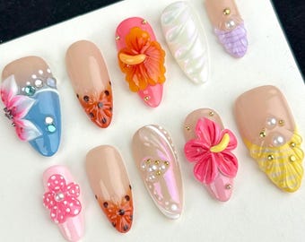 Colorful mismatched nails,glossy floral nails,3D flower nails,French Almond nails,shell element nails, polka dot nails,wedding nails gift