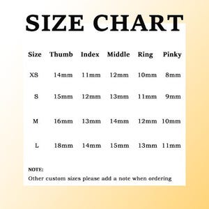 May include: A size chart for press-on nails with the heading SIZE CHART. It lists sizes XS, S, M, and L with corresponding measurements in millimeters for the thumb, index, middle, ring, and pinky fingers. A note states to add a note for custom sizes.