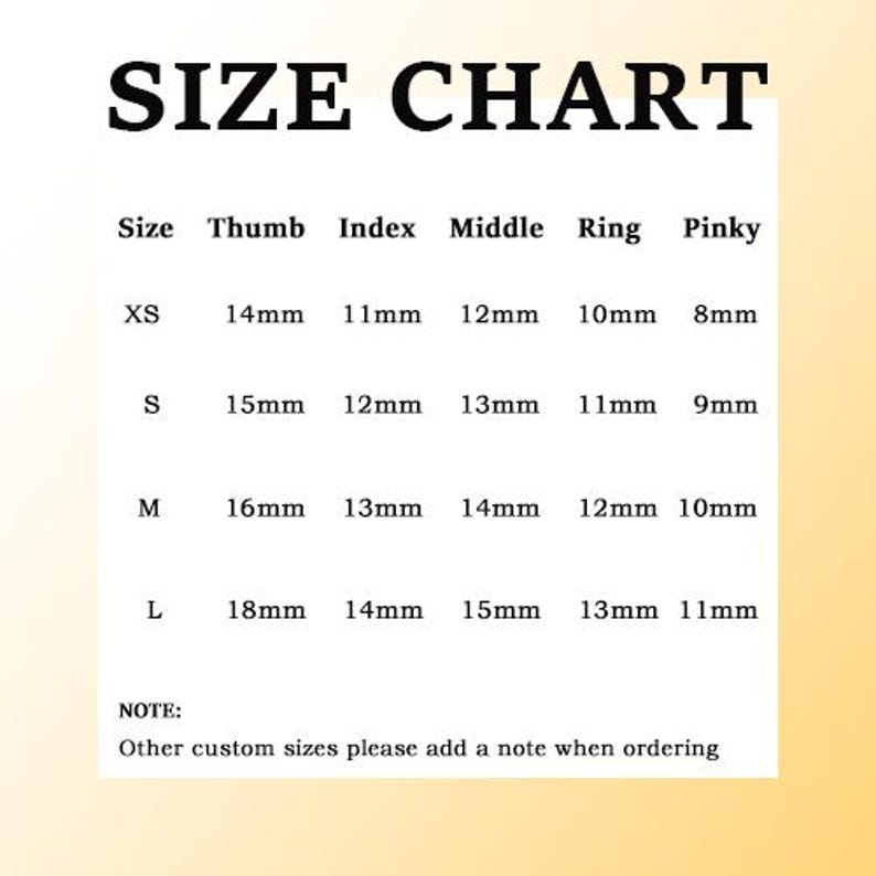 May include: A size chart for press-on nails with the heading SIZE CHART. It lists sizes XS, S, M, and L with corresponding measurements in millimeters for the thumb, index, middle, ring, and pinky fingers. A note states to add a note for custom sizes.