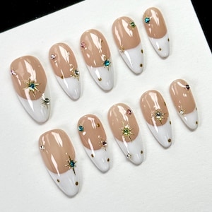 Colorful twinkle star nails,White french nail, custom press on nails,Faux Acrylic Nails,Y2K Nail,Festive Christmas Nail,Luxury Nail Art