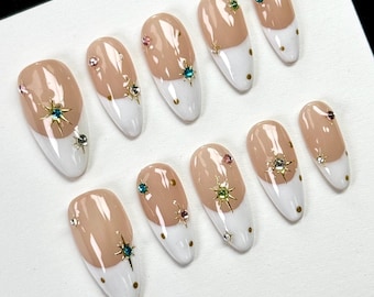Colorful twinkle star nails,White french nail, custom press on nails,Faux Acrylic Nails,Y2K Nail,Festive Christmas Nail,Luxury Nail Art