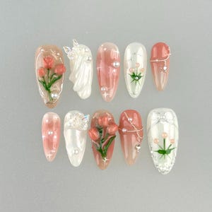 Spring Monet Garden Romantic Nails, French Gentle Style Nails, Pink White Nails, 3D Tulip Nails, Hand-painted Tulip Nails, Milky White Nails