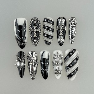 Black White Dark Metal Belt Press On Nails, Goth Punk Rock Cross Black Fake Nails ,Rendy Hot Girl, Dark Punk Cross Nail