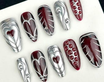 Burgundy 3D Chrome Nail Art/ Silver Gothic Long Almond Nail Art/ Birthday Nail Art/ Aun Star Sail/ Gothic Nailfestival Nail/ Burgundy Nail