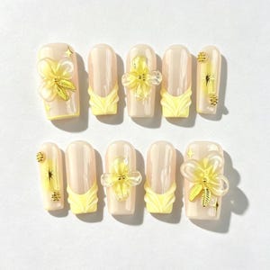 Beach Press-on Nails, 3D Flower Design Nails, Handmade Summer Ocean Nails, Pastel Yellow Nails, Vacation Nail Set, Short Nails image 1