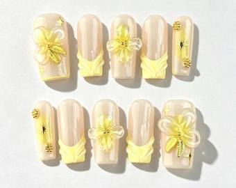 Beach Press-on Nails, 3D Flower Design Nails, Handmade Summer Ocean Nails, Pastel Yellow Nails, Vacation Nail Set, Short Nails