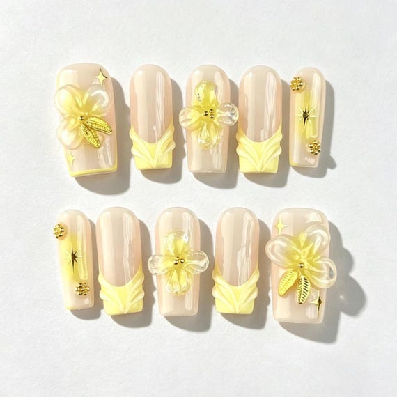 Beach Press-on Nails, 3D Flower Design Nails, Handmade Summer Ocean Nails, Pastel Yellow Nails, Vacation Nail Set, Short Nails