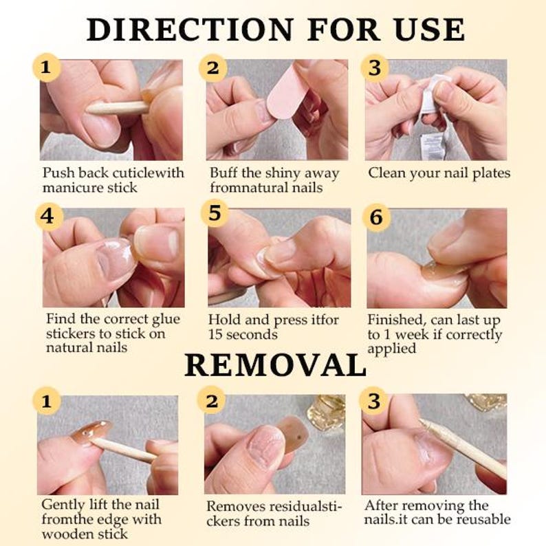 May include: An instructional infographic titled DIRECTION FOR USE and REMOVAL, featuring nine numbered steps for application and three for removal of press-on nails. It shows close-up actions using a wooden stick, nail buffer, and glue stickers.