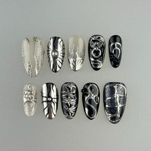 Silver 3D Chrome Nails/Black Gothic Press on nails long almond nails/Birthday Nails/Sun Star Nails/Gothic nails/Holiday Nails/Black Nails