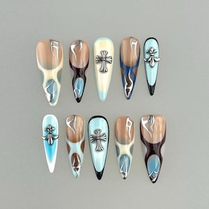 Summer Color Blue & Yellow Aura French Tip Long Almond Press On Nails, 3D Gel Fake Nails, Unique Design Nails for Birthday Vacation Holiday