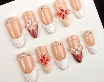 Classy red and white french nails,3D flower nails,wedding nails,pearl nails,minimalist nails,sparkle nails,short almond Press on nails