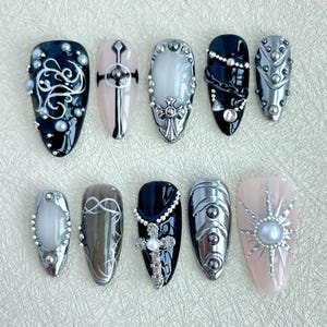 Gothic Black Press on Nails short almond Nails,Halloween Nails,Cross Nails,3D Chrome nails,Sun Star Nails,Gothic nails,metallic silver nail