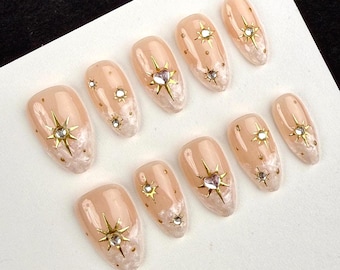 Pearl White French Star Hand-painted Nails, Creamy White Gold Star Nails, Short Almond Nails, Shiny Jewelry Nails, Wedding Nails