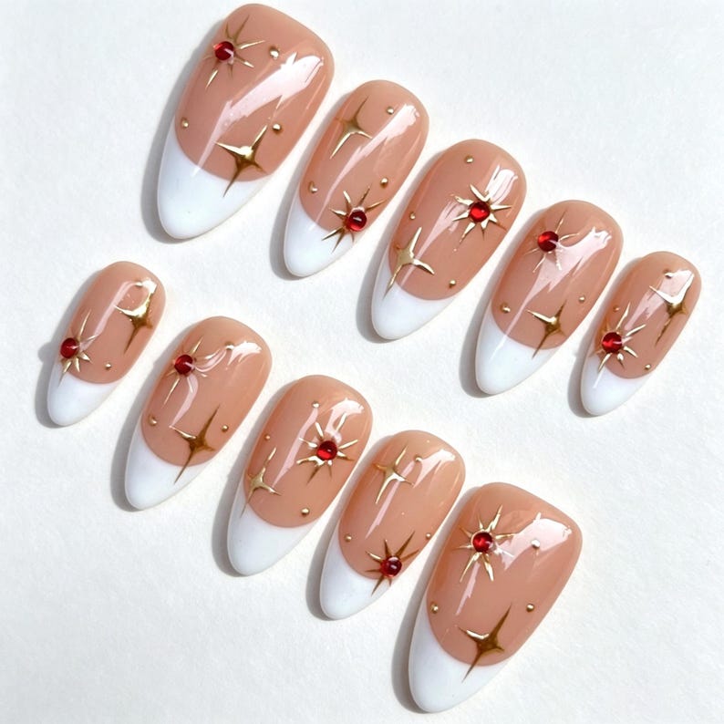Luxury Gold star Press On Nails, Elegant White French Tips Nails, Wedding Nail Set, Classic nails, Bridal Press On Nails, Red Diamond Nails image 3