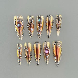 Metallic Chrome Aurora Press On Nails, Holographic Chrome Fake Nails, Elegant Metallic Swirl Nail Art , Holographic Stiletto Nails