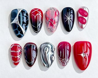 Graffiti Red Black Hand Painted Nail, Silver 3D Chrome Nails,Birthday Nails,Sun Star Nails,Burgundy Nails,Black Gothic Press On Nails