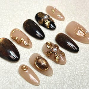 Elegant Black Gold Cat Eye Nails, 3D Fall Nails, Classic Nails, luxury press on nails, Daily nails, 3D Floral Hand Painted Abstract Nails
