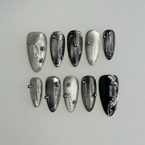 Mystery Silver 3D Chrome Nails/Silver cat eye nails/Gothic gel nails/Black press ons/Moon&star fake nails/Emo acrylic nails/Chrome nails