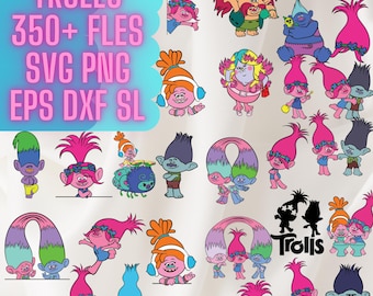 Può includere: Una collezione di 20 illustrazioni di troll di cartoni animati colorati. I troll sono in varie pose ed espressioni. Il testo "Trolls 350+ File SVG PNG EPS DXF SL" è in cima all'immagine.