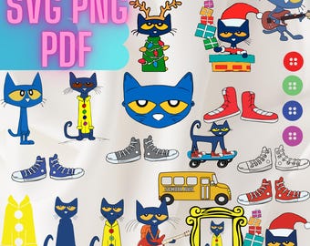 ピート・ザ・キャットのSVGベクターバンドル、Cricut & Silhouetteカットファイル