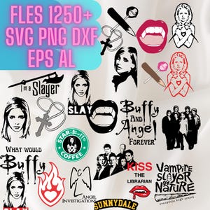 Può includere: Una collezione di file di taglio digitale con vari design ispirati alla serie TV Buffy l'ammazzavampiri. I design includono testo, personaggi e simboli, come "Sono una Cacciatrice", "Buffy e Angel per sempre", "Cacciatrice di vampiri per natura" e "Bacia la bibliotecaria".