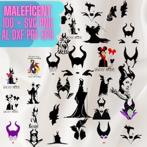 May include: A collection of 100+ black and white SVG, PNG, AI, DXF, PDF, and EPS digital files featuring the Disney character Maleficent. The files include various images of Maleficent, including her iconic horns, her face, and her silhouette. The text "Vacay Mode" and "Bad Bitch" are also included in the collection.
