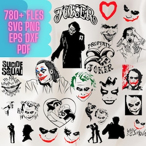 May include: A digital download of 780+ SVG, PNG, EPS, DXF, and PDF files featuring various Joker-themed designs. The designs include the Joker's face, the words "Joker", "Suicide Squad", and "Why So Serious", and other related imagery.